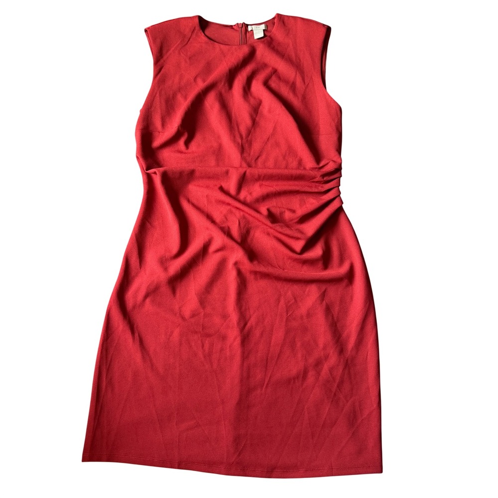 H&M Red Sleeveless Ruched Sheath Dress Womens XL Round Neck Work Party